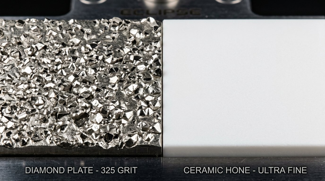 Comparativa macroscópica de placa de diamante vs hone cerámico ultrafino