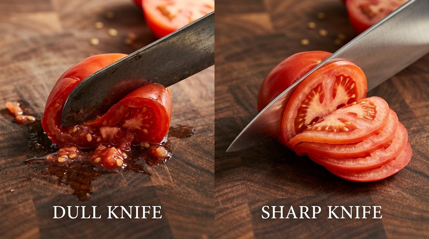 Prueba de corte en tomate maduro para comprobar el filo del cuchillo